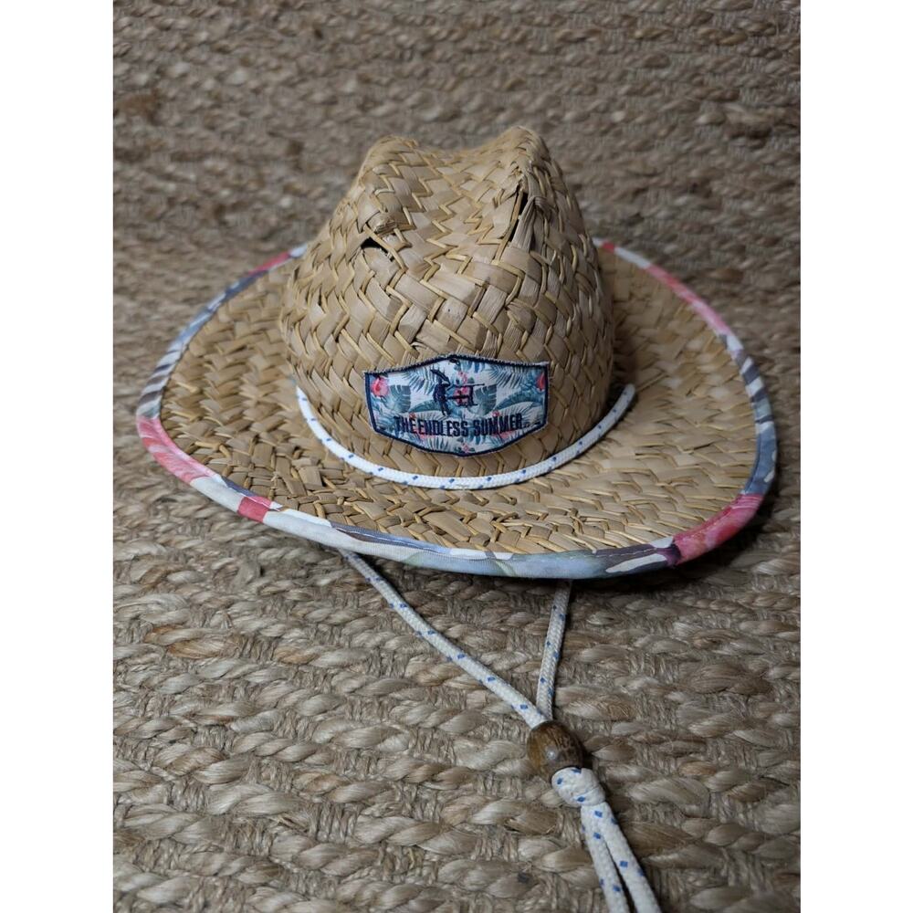 The Endless Summer Straw Beach Sun Hat Floral Print Travel Adjustable Strap
